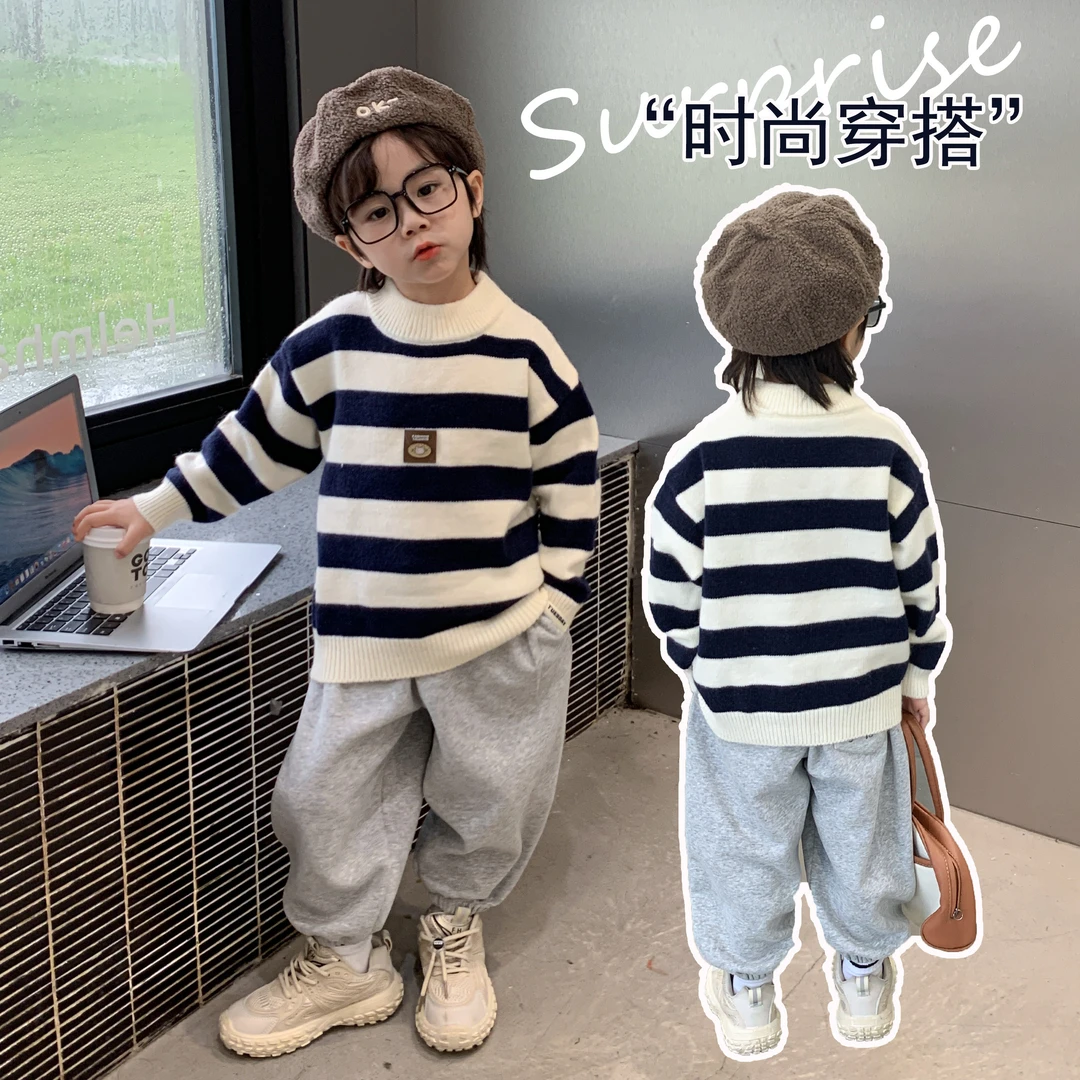 童装春秋装毛衣条纹2025新款儿童韩版撞色套头条纹宝宝针织上衣