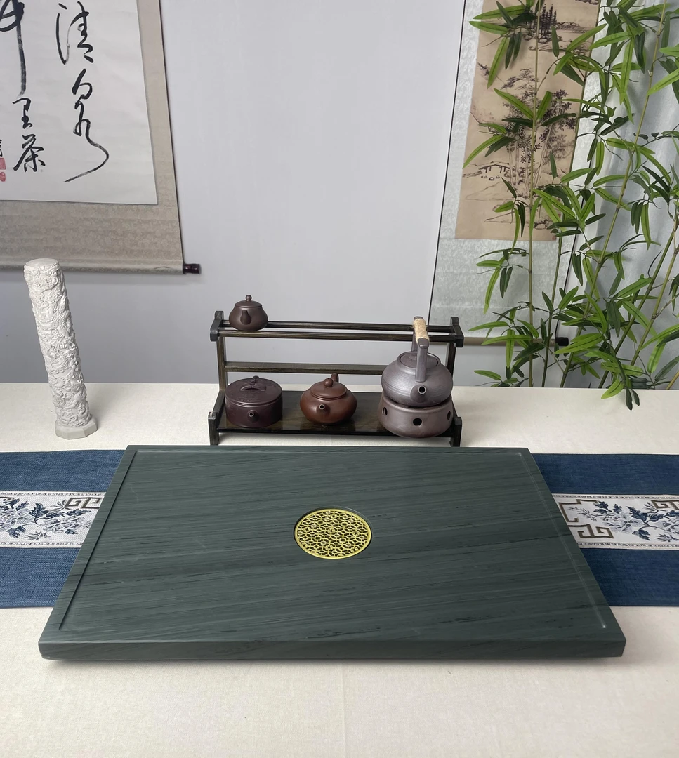 圆周翡翠绿茶盘天然整块石茶盘浮雕排水式托盘家用办公石茶盘茶具
