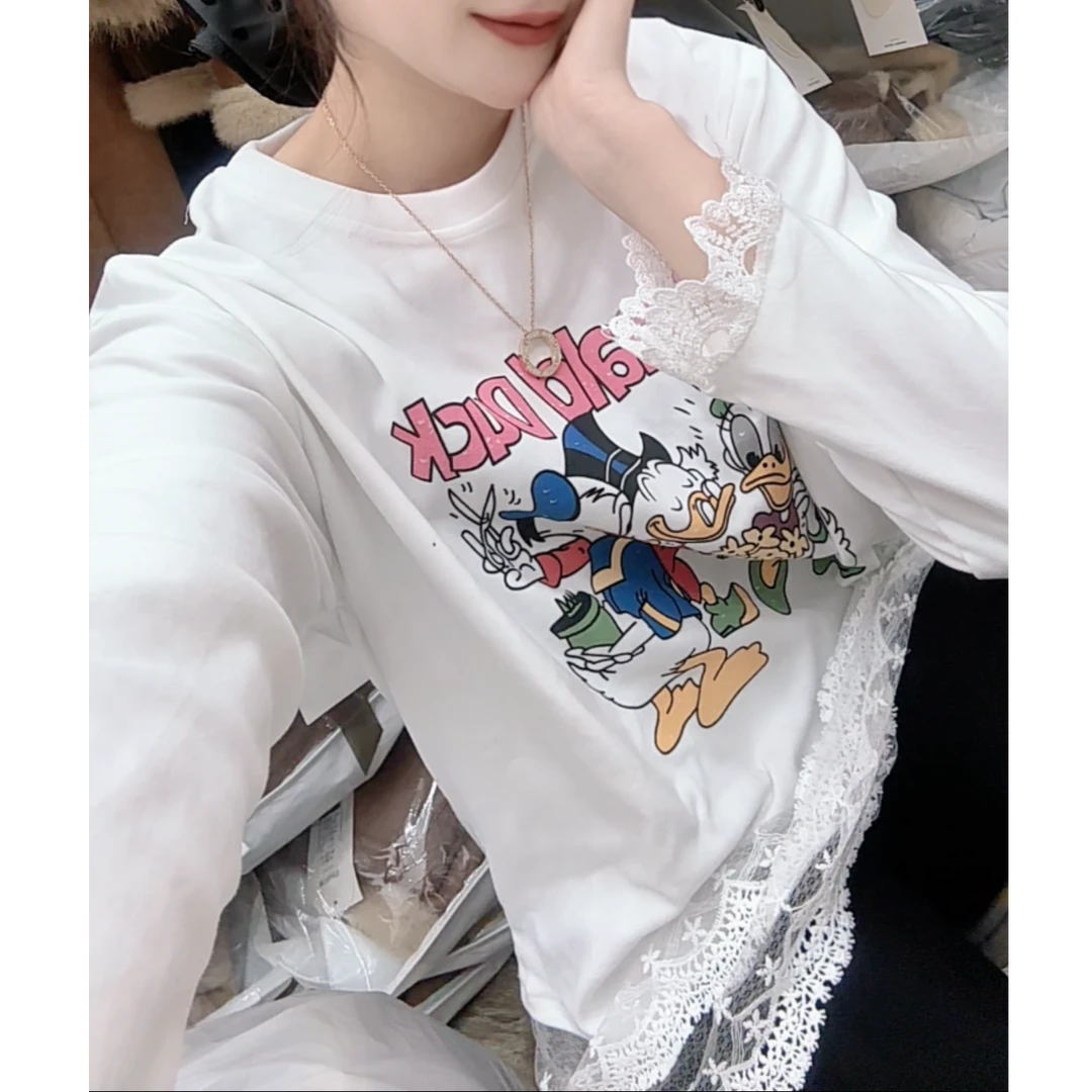 （黛丝唐老鸭）韩国女装冬款卡通印花蕾丝拼接T恤打底磨毛德绒
