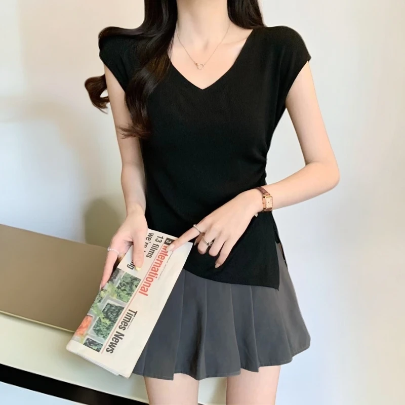 韩系V领收腰曲珠无袖针织T恤夏季新款小众高级感显瘦辣妹洋气上衣