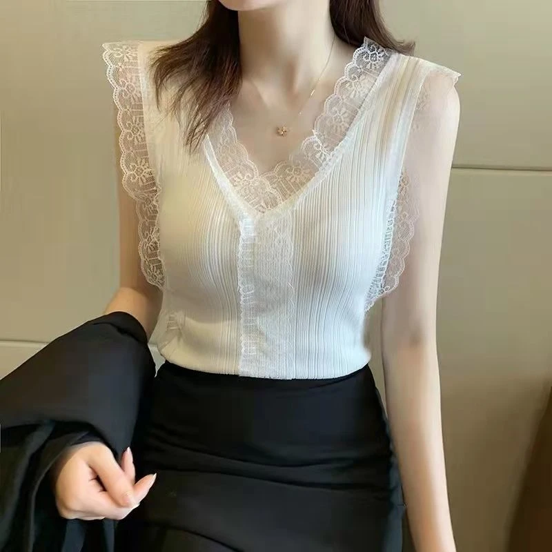 新款蕾丝边螺纹防走光无袖薄款内搭打底吊带背心女秋夏季弹力外穿