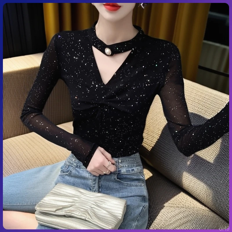 亮丝打底衫女秋冬百搭洋气小衫加绒加厚修身内搭黑色网纱上衣