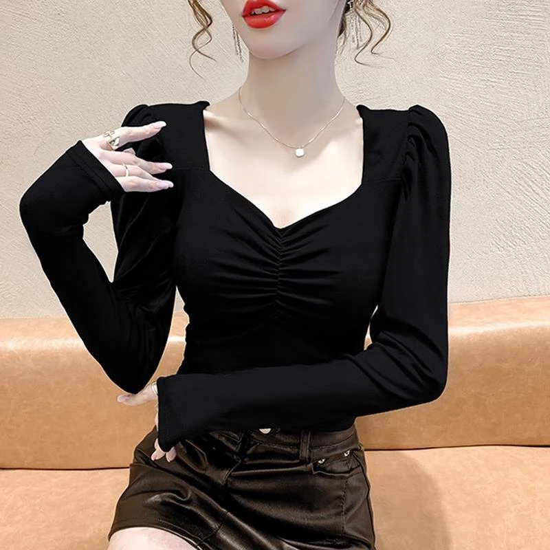 方领泡泡袖上衣女法式别致辣妹短款性感T恤黑色打底衫长袖内搭秋