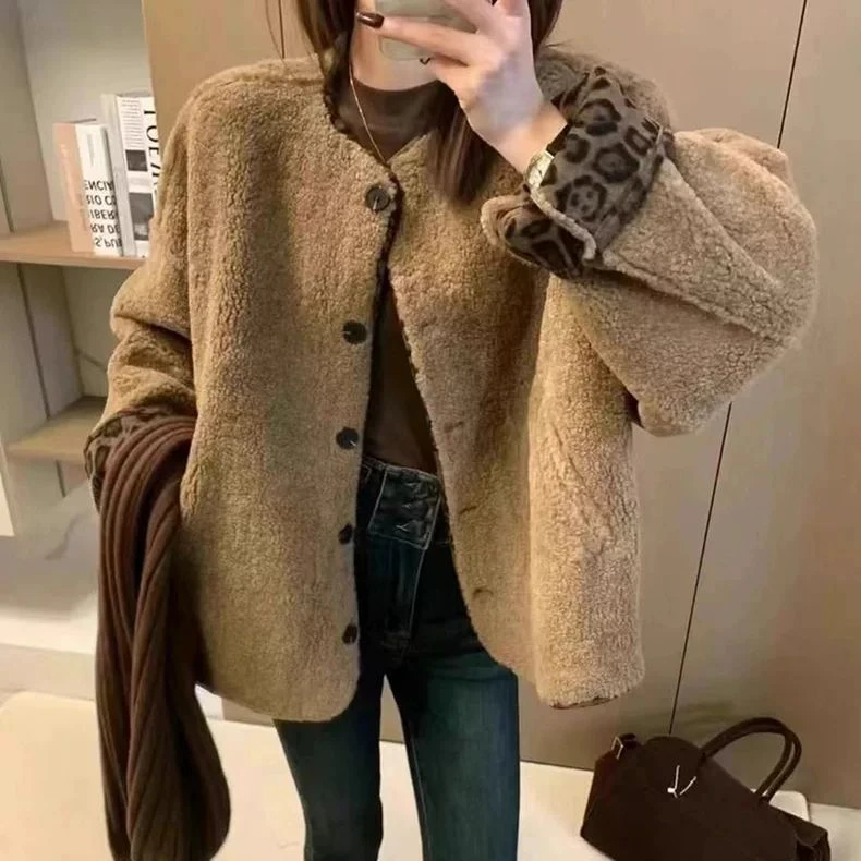拼色豹纹毛毛绒外套女2024秋冬季新款宽松加厚休闲百搭上衣圆领