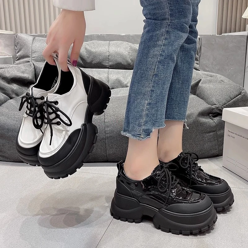 英伦风法式厚底增高小皮鞋女春秋深口单鞋2025新款黑色松糕乐福鞋