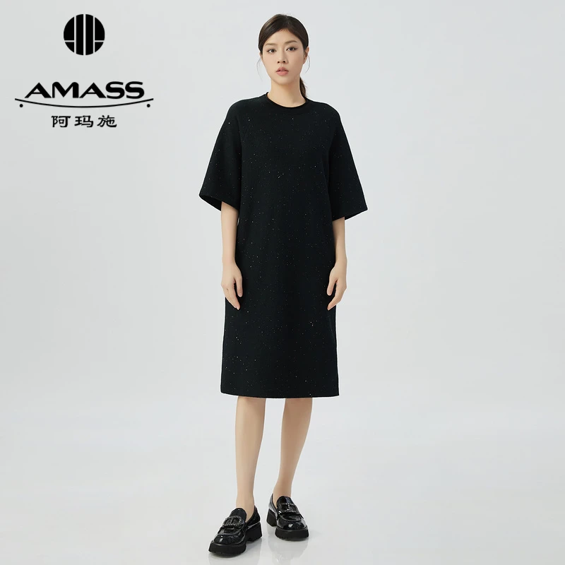 AMASS/阿玛施圆领质感春秋显瘦黑天鹅时尚小黑裙连衣裙女 5500520