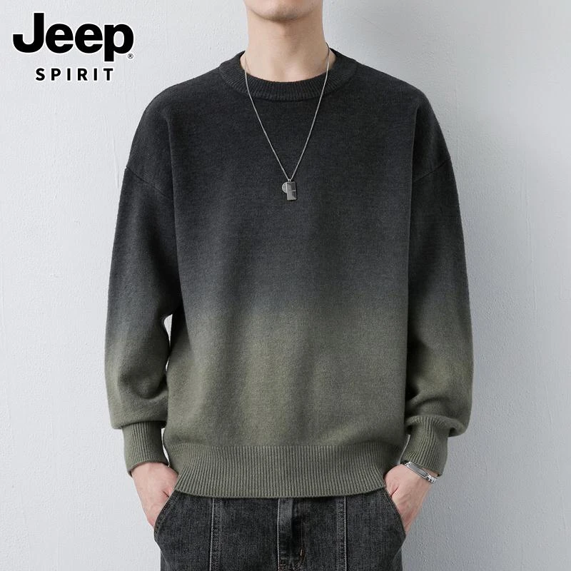 吉普渐层毛衣男士新款秋冬季潮牌宽松圆领卫生衣痞帅针织衫上衣男