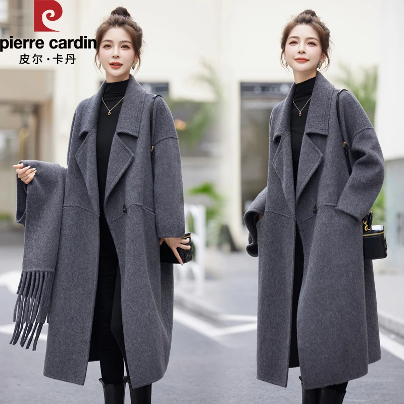 皮尔卡丹新款秋冬时尚气质羊毛大衣带围巾中长款宽松韩版外套女士