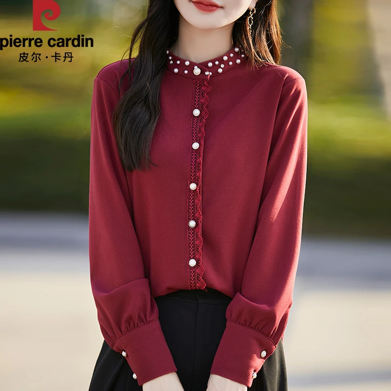 皮尔卡丹2024新款时尚气质德绒立领钉珠衬衫秋冬打底开衫上衣女
