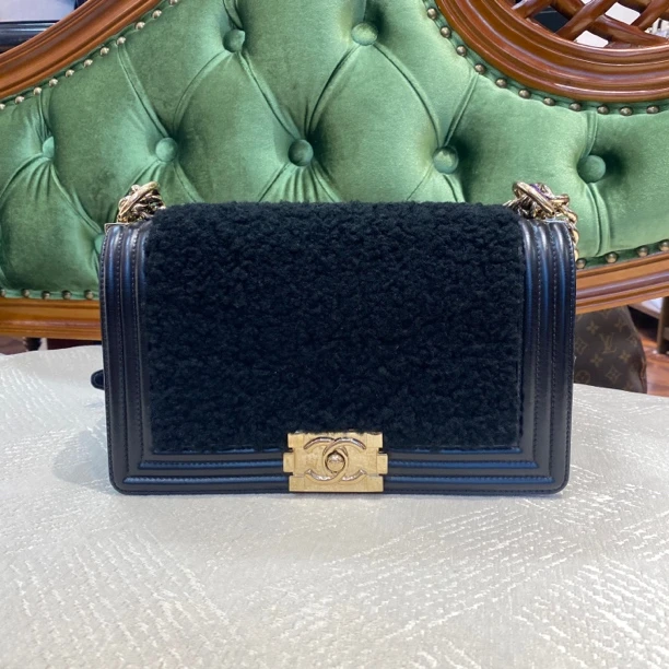 95新 Chanel/香奈儿 毛呢leboy黑金中号单肩包3328