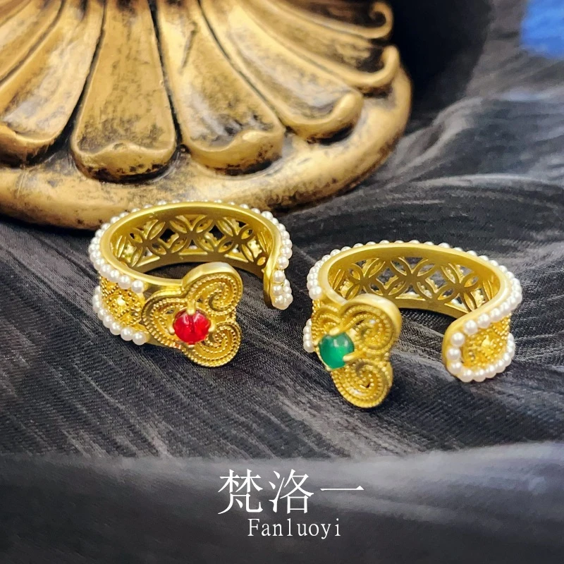 铜合金戒指 新中式国风如意镶珠古风戒指活口小众高级复古宫廷风