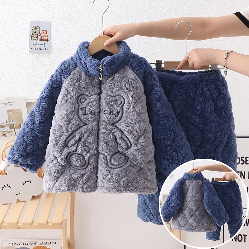 儿童法兰绒睡衣加厚保暖冬季家居服套装男童大童青少年拉链珊瑚绒