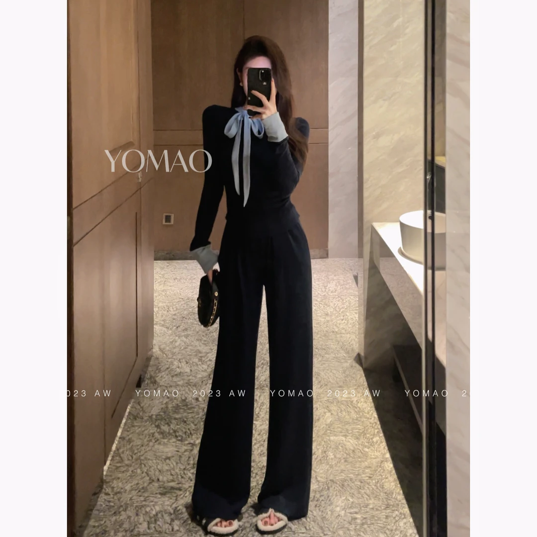 【尤猫】【加绒套装】撞色蝴蝶结修身气质温柔上衣 高腰裤套装-Y1084