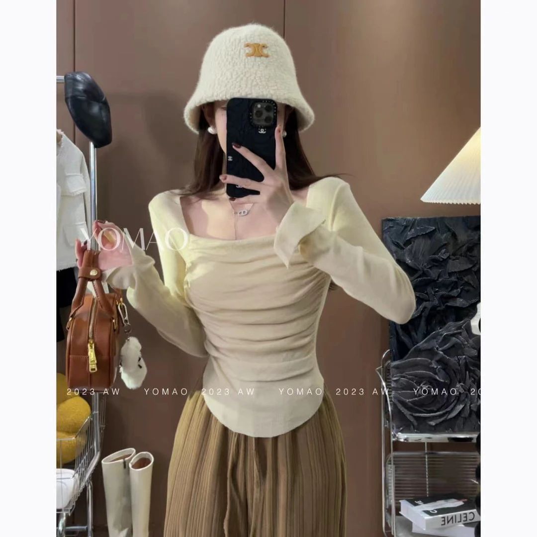 【尤猫】【针织】秋季新款纯欲方领修身显瘦时尚长袖针织上衣-Y8336