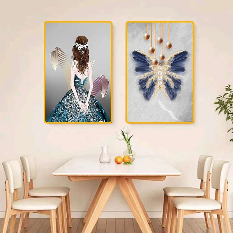 L02美女蝴蝶客厅餐厅轻奢装饰现代简约两联饭厅背景墙壁挂画