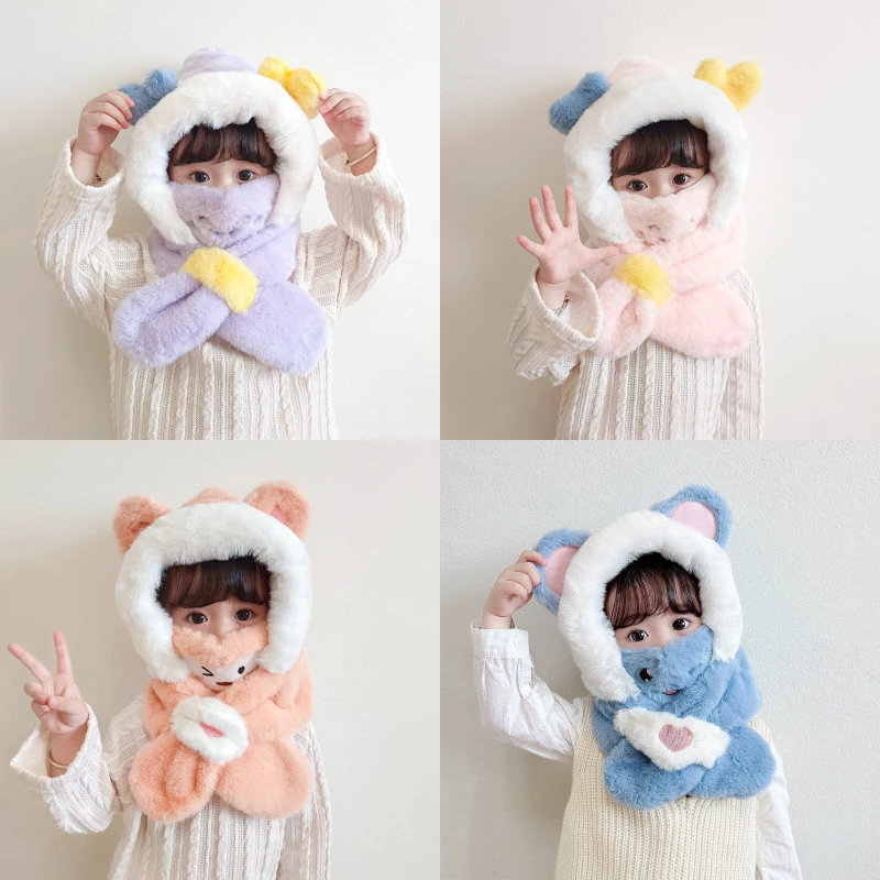 儿童冬季帽子围脖两件套男女宝宝加绒加厚逛街出游保暖防寒包头帽