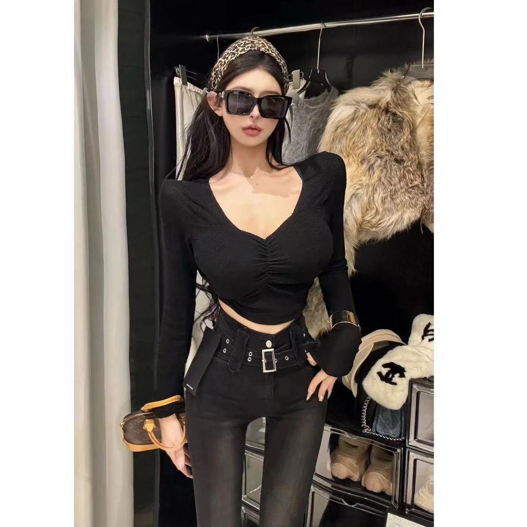 AL SHOP【俏辣甜心】带胸垫~纯欲辣妹修身显瘦褶皱针织衫上衣