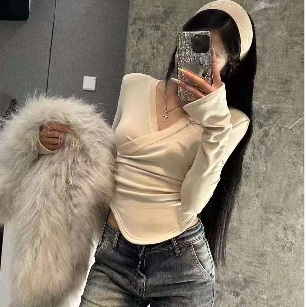 AL SHOP【南法立冬】韩系秋冬V领交叉修身显瘦百搭打底上衣