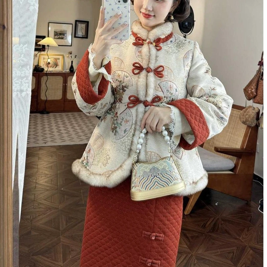 秋冬新中式复古国风年轻款改良盘扣加绒上衣半身裙拜年服穿搭套装