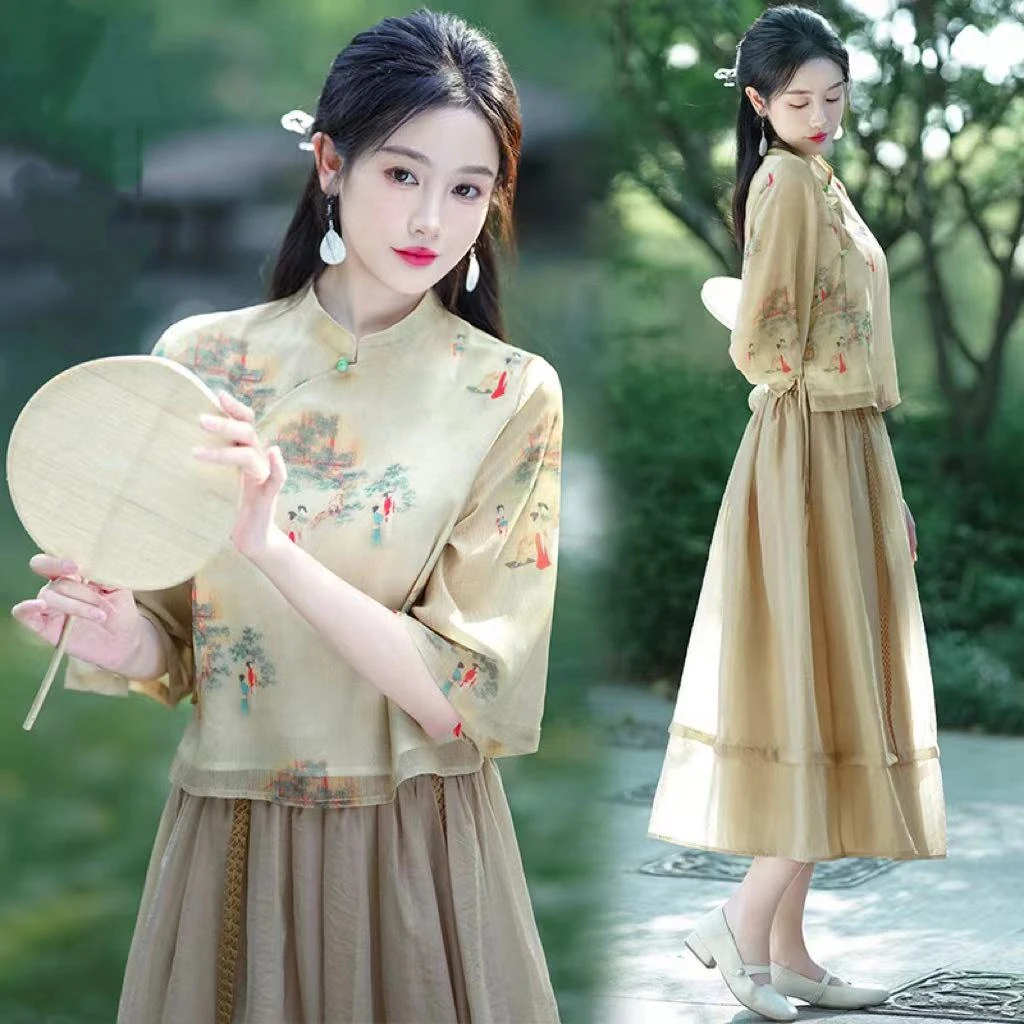 【仕女图】新中式唐装印花古风女装盘扣立领上衣半身裙两件套套装