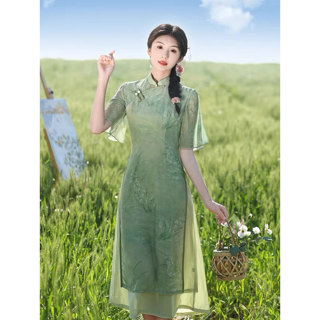 茶茉【绿野仙踪】新中式旗袍2024新款夏季少女绿色显瘦气质连衣裙