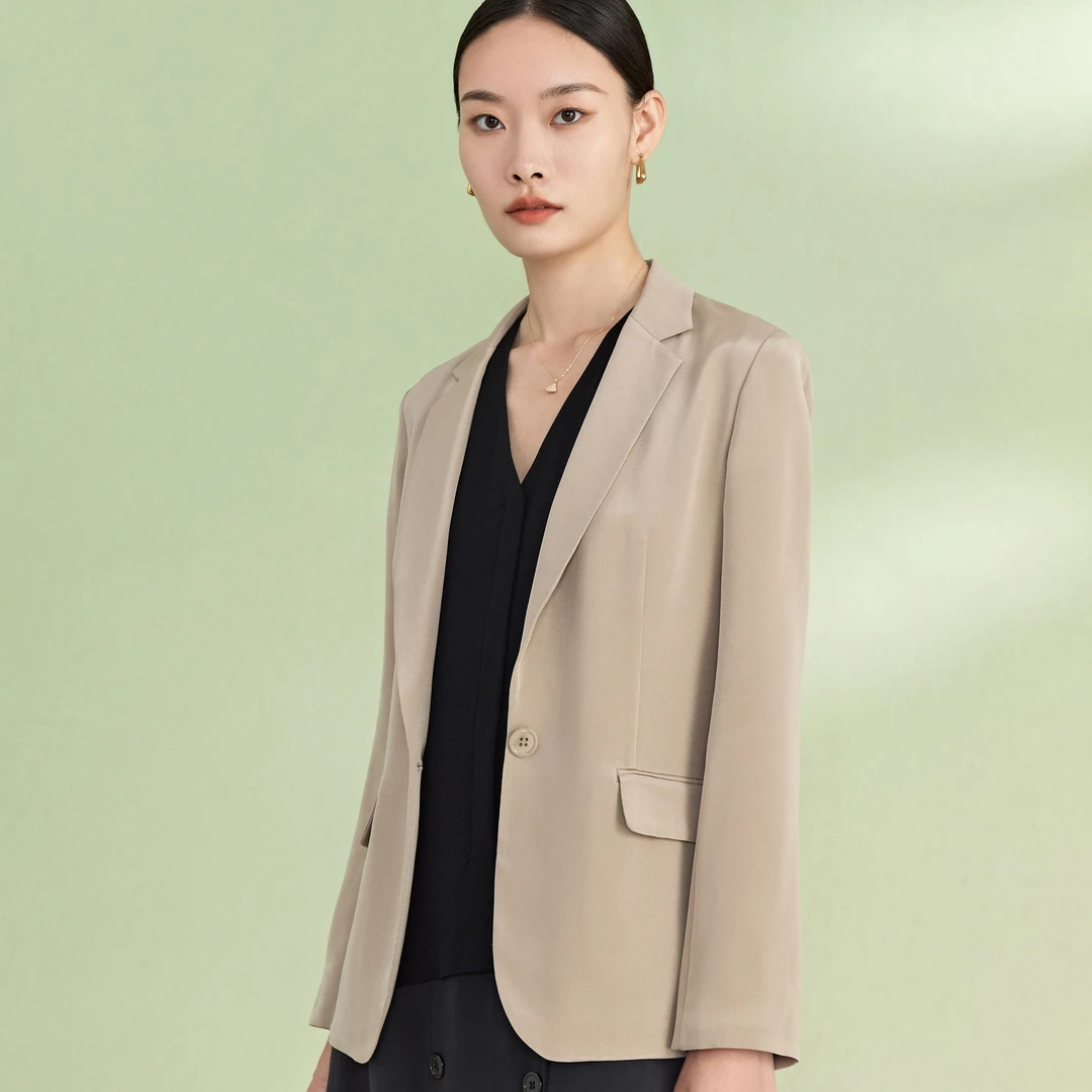 2024新款时尚气质弹力重绉桑蚕丝长袖纯色真丝百搭通勤西装8638W