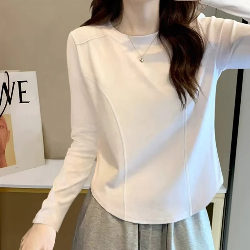 高级感内搭棉磨毛加厚长袖T恤打底衫秋冬季新款拼接设计显瘦上衣