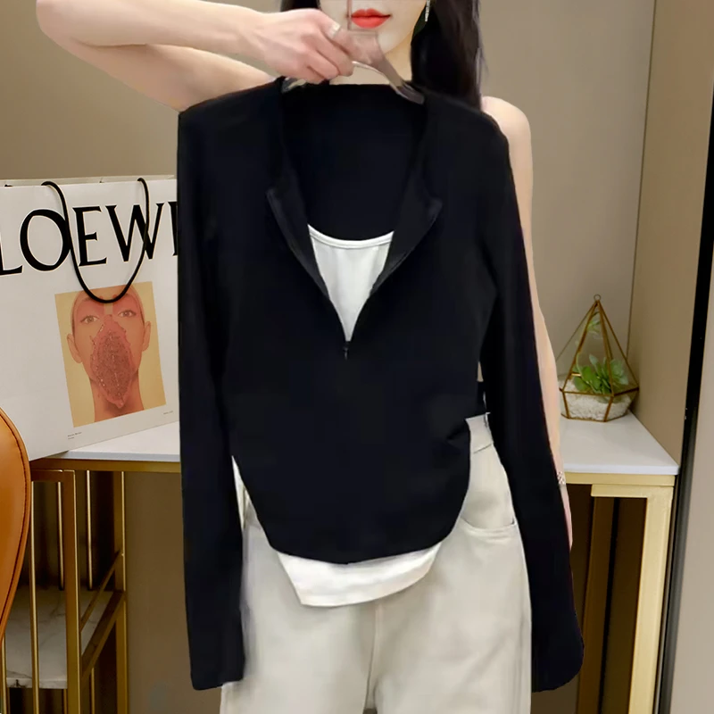 小个子T恤女装秋季新款设计感长袖打底衫假两件修身显瘦休闲上衣