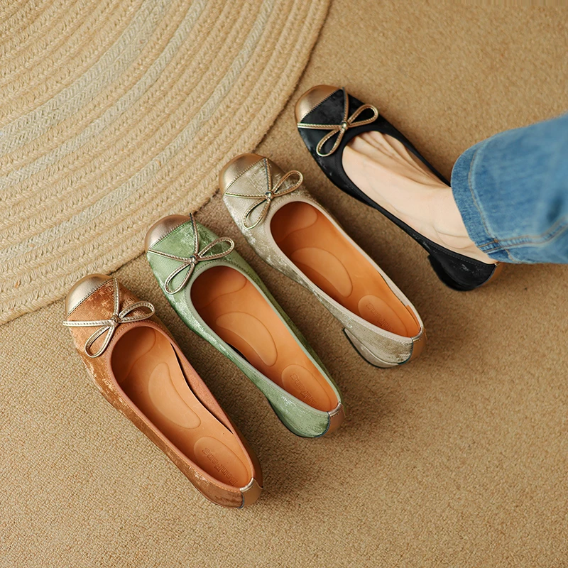 粗跟版4cm｜国风绸感牛皮｜春夏新款方头蝴蝶结单鞋芭蕾舞鞋粗跟