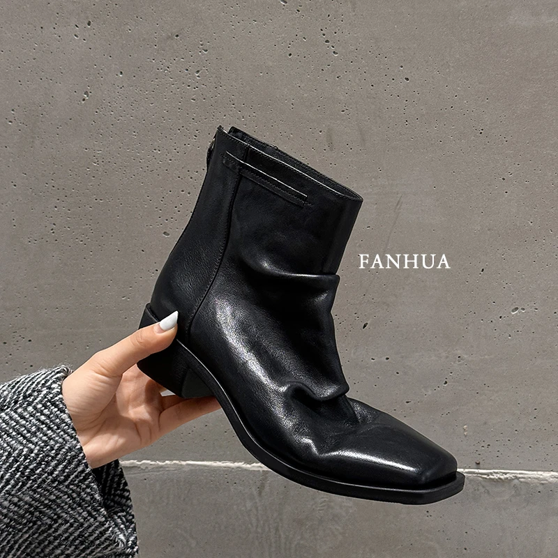 高端水洗马皮|34-39|3.0cm|法式方头真皮复古软面后拉链粗跟短靴