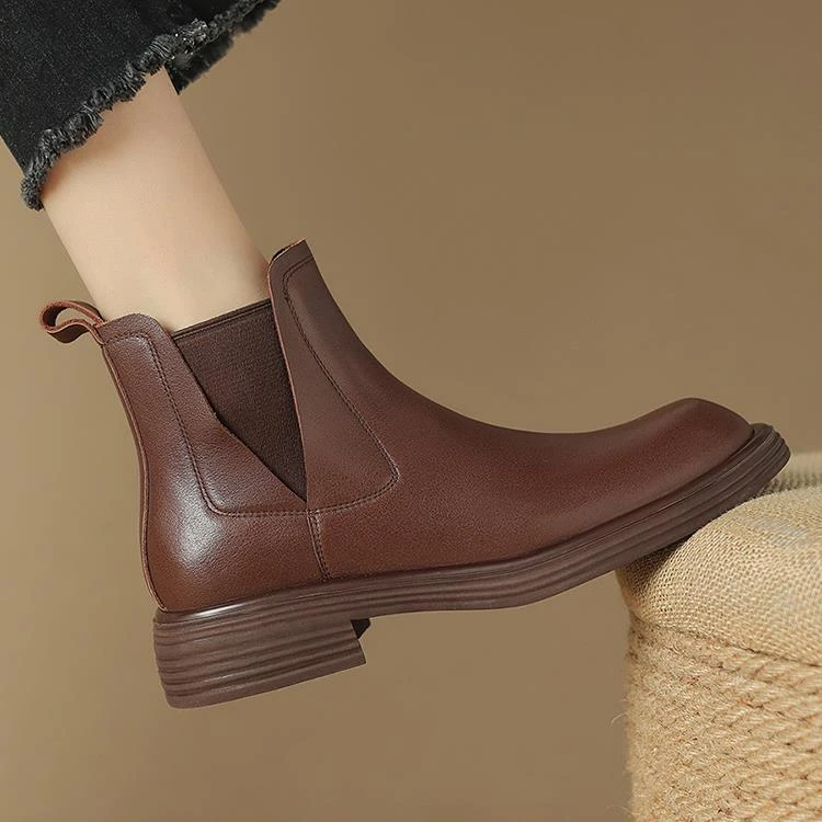 断码女鞋/34-40/3.5cm/棕色复古圆头粗跟真皮厚底切尔西靴女