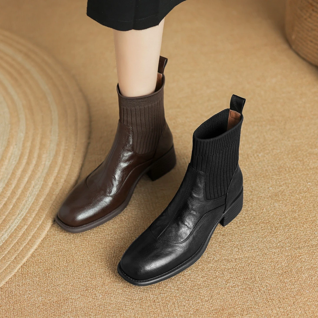 半坊手工女鞋|34-40码|4cm|秋冬复古法式小圆头粗跟手抓纹短靴