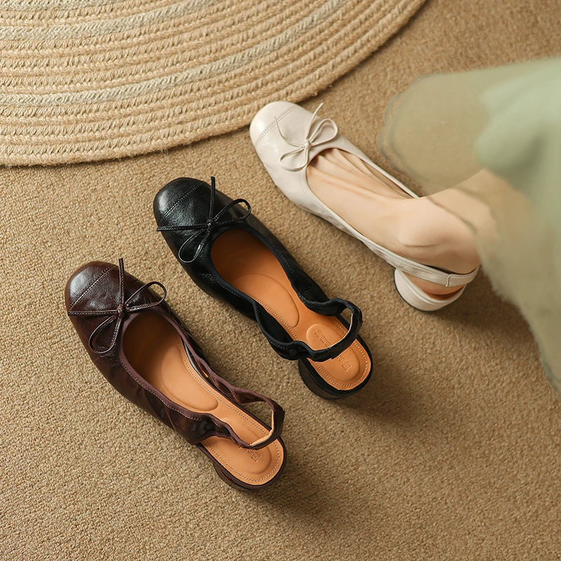 Rich品质女鞋|34-40|4.0cm|法式圆头浅口软面蝴蝶结粗跟芭蕾凉鞋