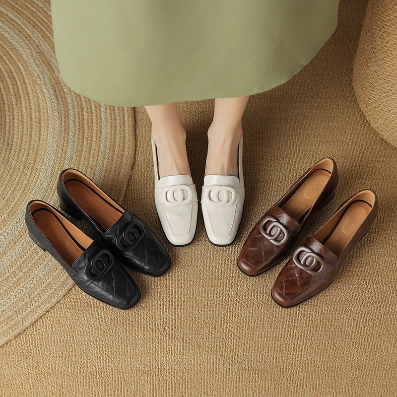 半坊手工女鞋|34-40码|4.0cm|方头浅口真皮显瘦粗跟软底乐福鞋女