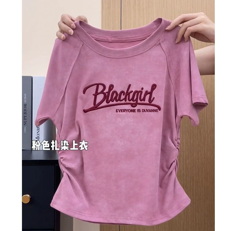 特大码200斤韩系气质字母刺绣圆领收腰短袖t恤女辣妹百搭上衣夏季