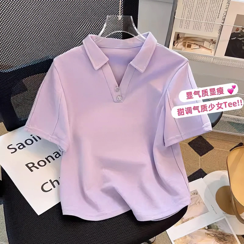 特大码200斤夏季2025网红爆款显瘦正肩v领polo衫女百搭别致上衣夏