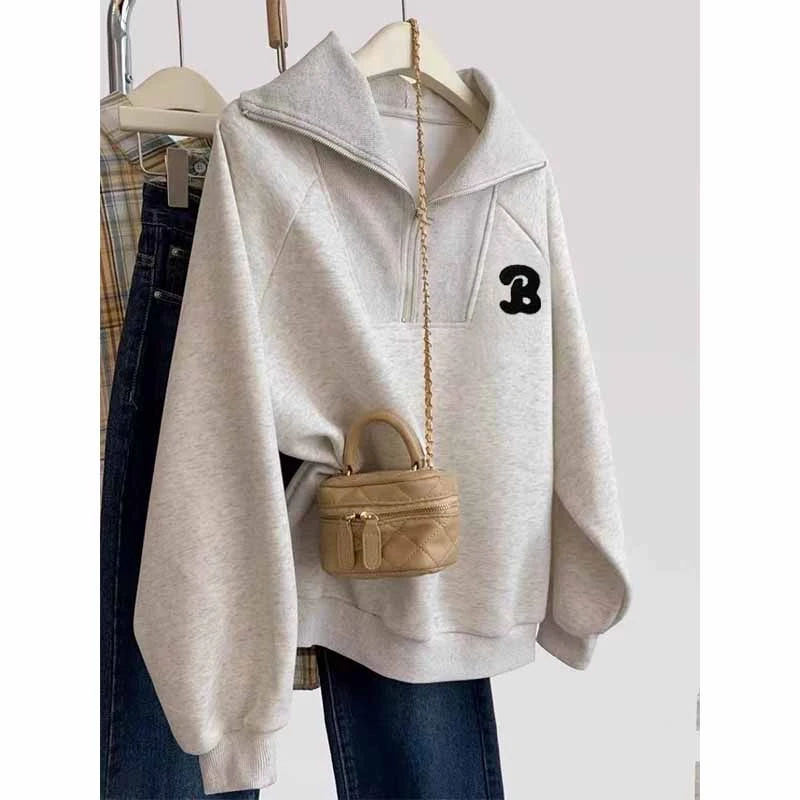 特大码200斤个性学院风加绒半拉链翻领卫衣女秋冬百搭宽松上衣ins