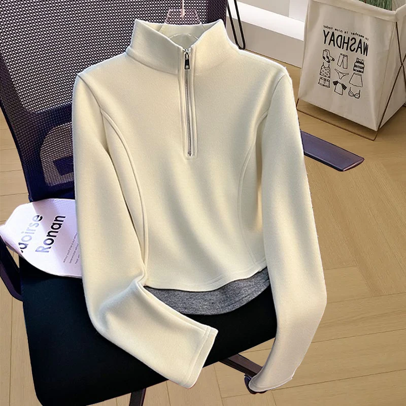 特大码200斤复古撞色半拉链假两件长袖t恤女秋鱼骨线设计遮肉上衣