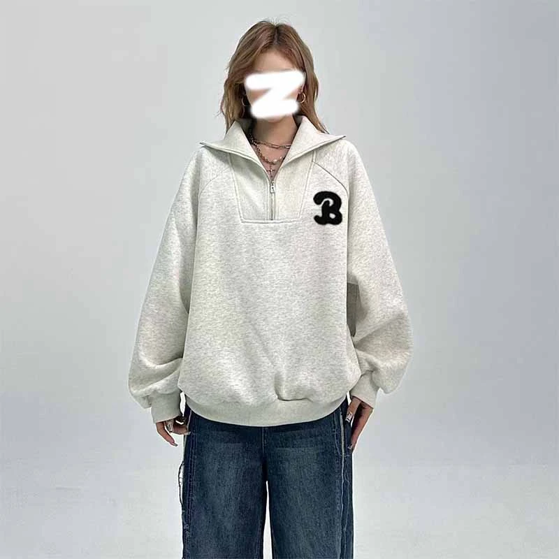 特大码200斤港风chic加绒半高领翻领卫衣女秋冬洋气宽松休闲上衣