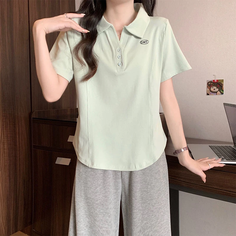 特大码200斤个性青春排扣polo领设计正肩短袖t恤女夏季百搭上衣潮