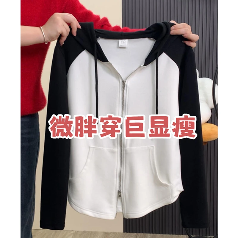 特大码200斤港风chic日系撞色插肩袖连帽开衫拉链正肩长袖t恤女秋