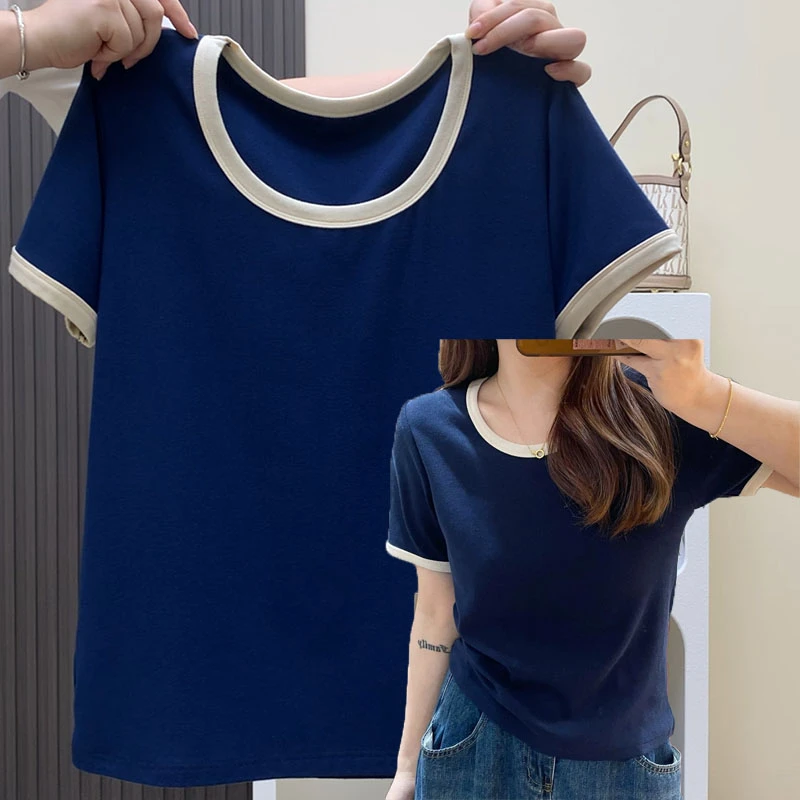 特大码200斤小众正肩U领撞色短袖t恤女洋气时尚遮肉百搭上衣夏ins