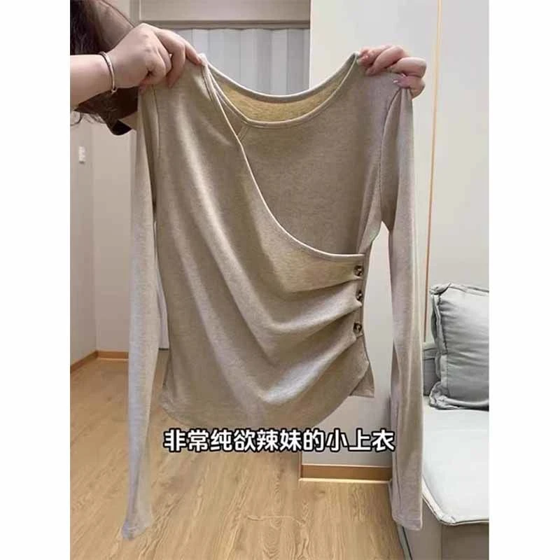 特大码200斤日系纯欲风V领显瘦正肩长袖t恤女百搭遮肉辣妹上衣ins