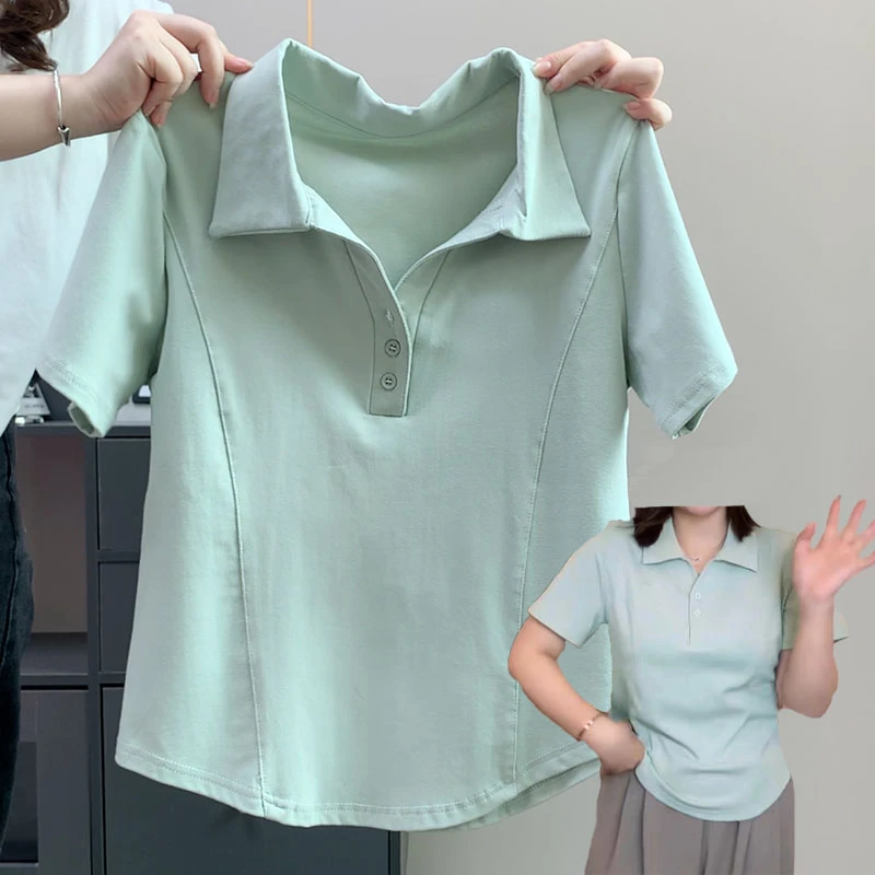 特大码200斤个性文艺范纯色排扣辣妹正肩短袖t恤女夏休闲百搭上衣