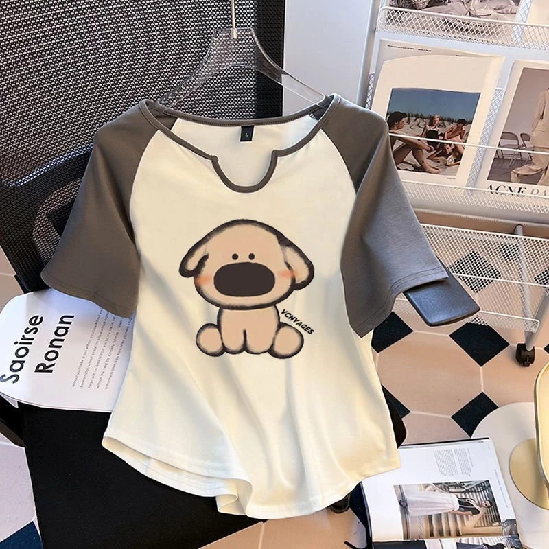 特大码200斤别致撞色小V领正肩插肩袖显瘦上衣女夏遮肉短袖t恤ins