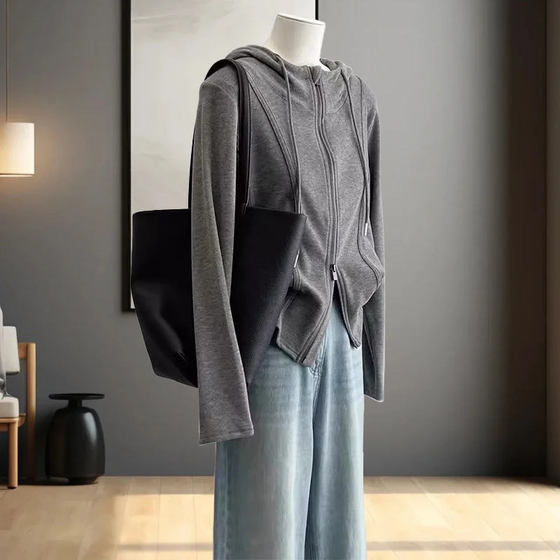 特大码200斤气质小众纯色鱼骨线设计显瘦正肩双拉链连帽长袖t恤女