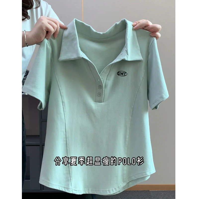 特大码200斤韩版洋气弧形下摆遮肉显瘦polo衫女百搭时尚短袖t恤夏