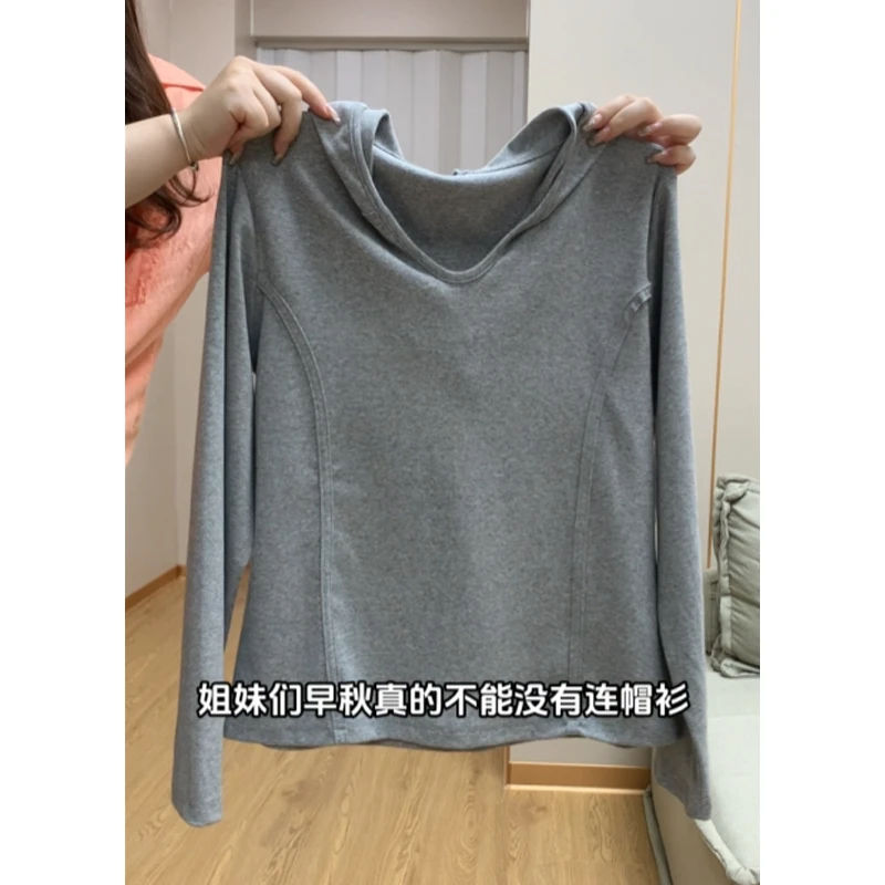 特大码200斤气质纯色鱼骨线设计正肩连帽长袖t恤女秋季别致打底衫