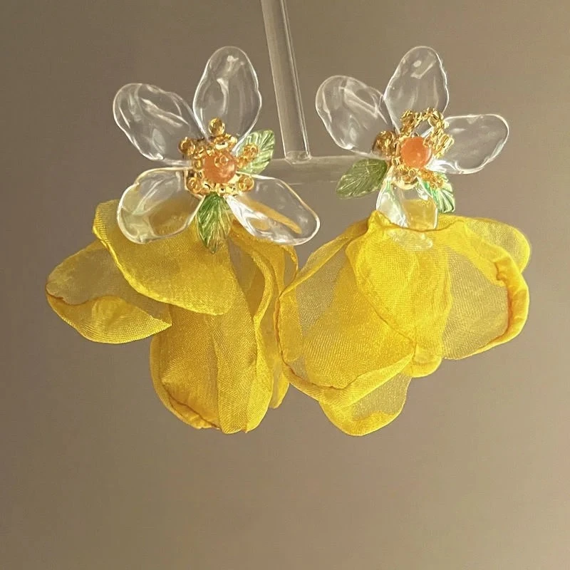 合金耳饰 超仙耳环黄色雪纺花朵个性夸张耳钉耳坠度假旅游饰品