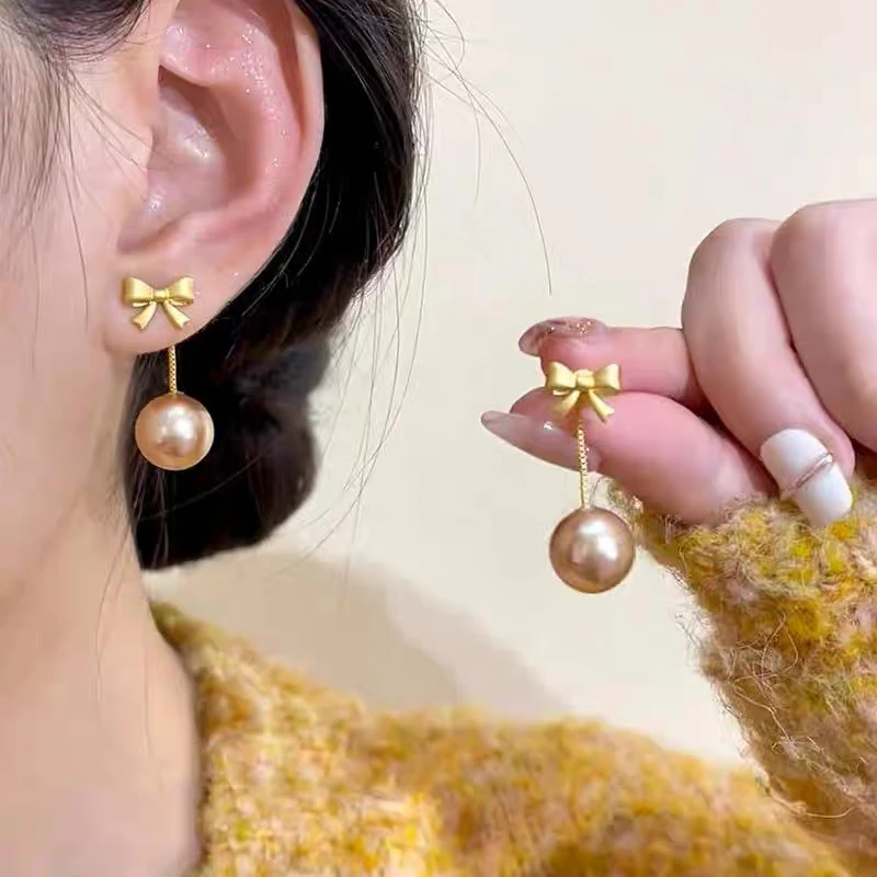 铜合金耳饰 法式轻奢蝴蝶结香槟色珠珠耳环小众设计气质秋冬耳饰